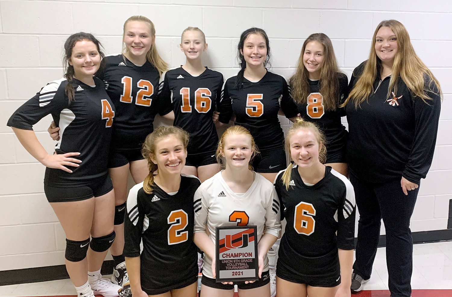 Owensville Dutchgirl freshmen volleyball players (above) gather for a team picture celebrating their tournament championship over the weekend in Union following their victories over Pacific, Hermann, Union, Waynesville and Capital City during the round-robin event. Team members (above, in front, from left) with the championship plaque from Union include Ruvia Nowack, Elizabeth Adams and Camryn Caldwell; and in back, Kaydin Carr, Callie Koelling, Cameron Nowack, Ellie Thompson, Allie Kuebler and Taylor Payne (coach).